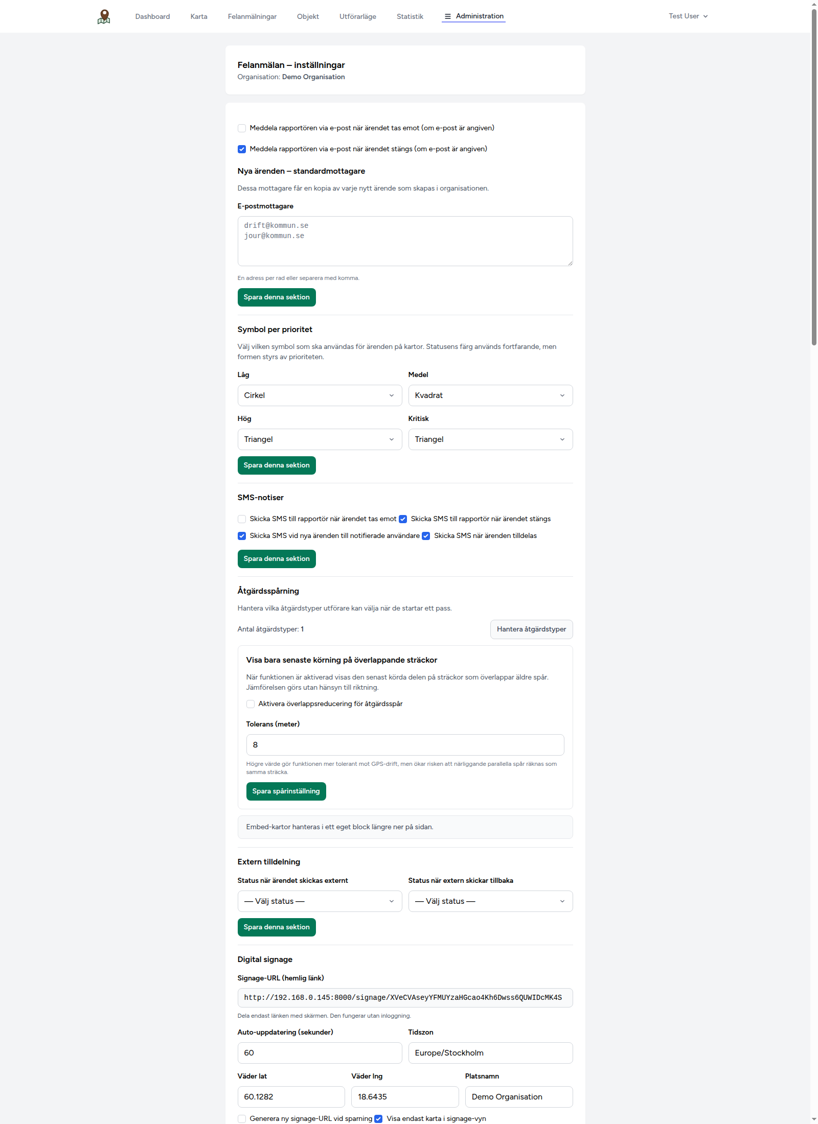 Övre delen av inställningssidan med rapportörens e-post, standardmottagare och blocket Symbol per prioritet.