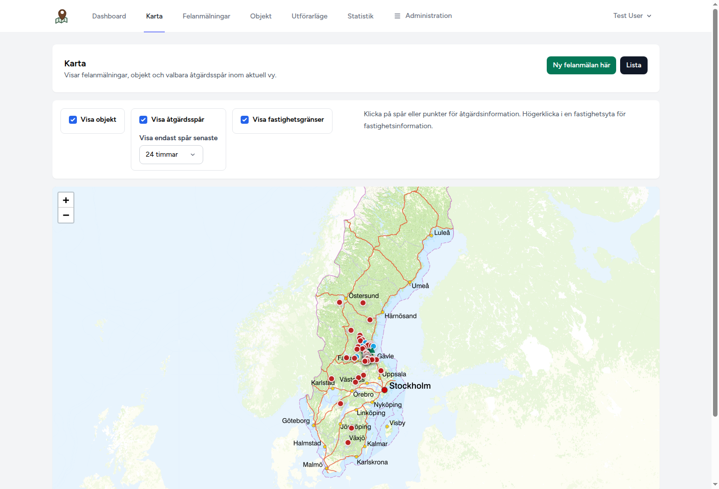 Kartvyn i Ledrapport med knapparna Ny felanmälan här och Lista samt reglage för objekt, åtgärdsspår och fastighetsgränser.