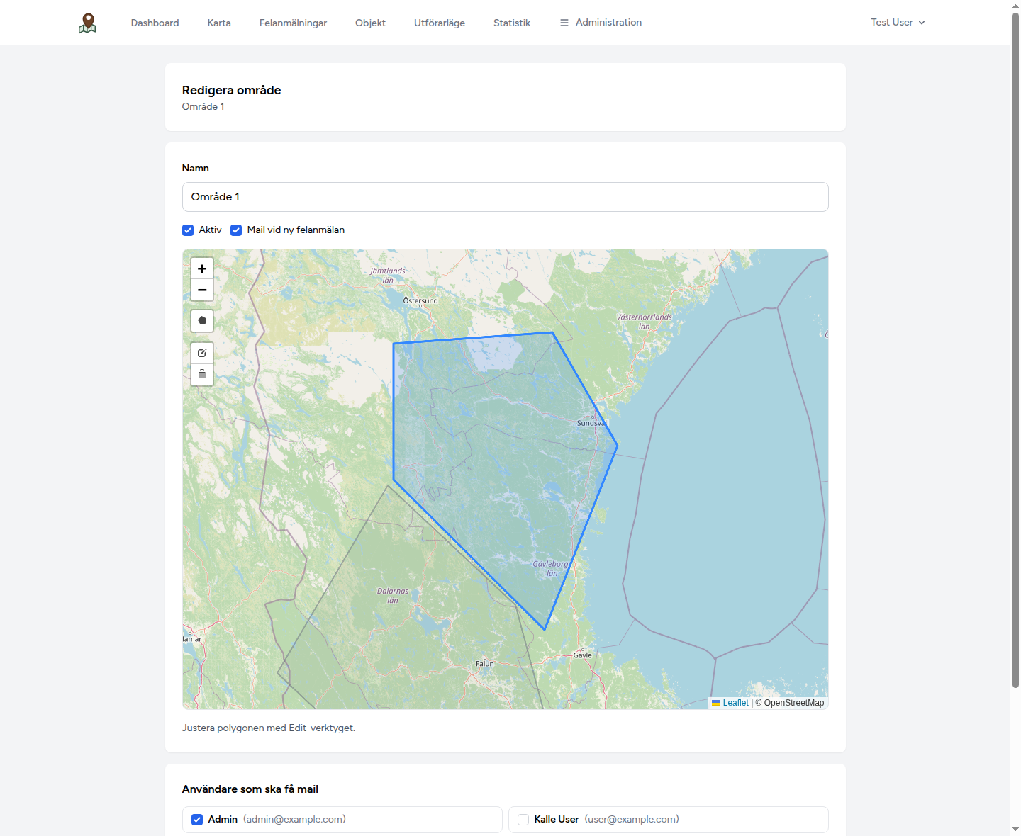 Redigeringssida för område med namn, kryssrutor och karta för polygon.