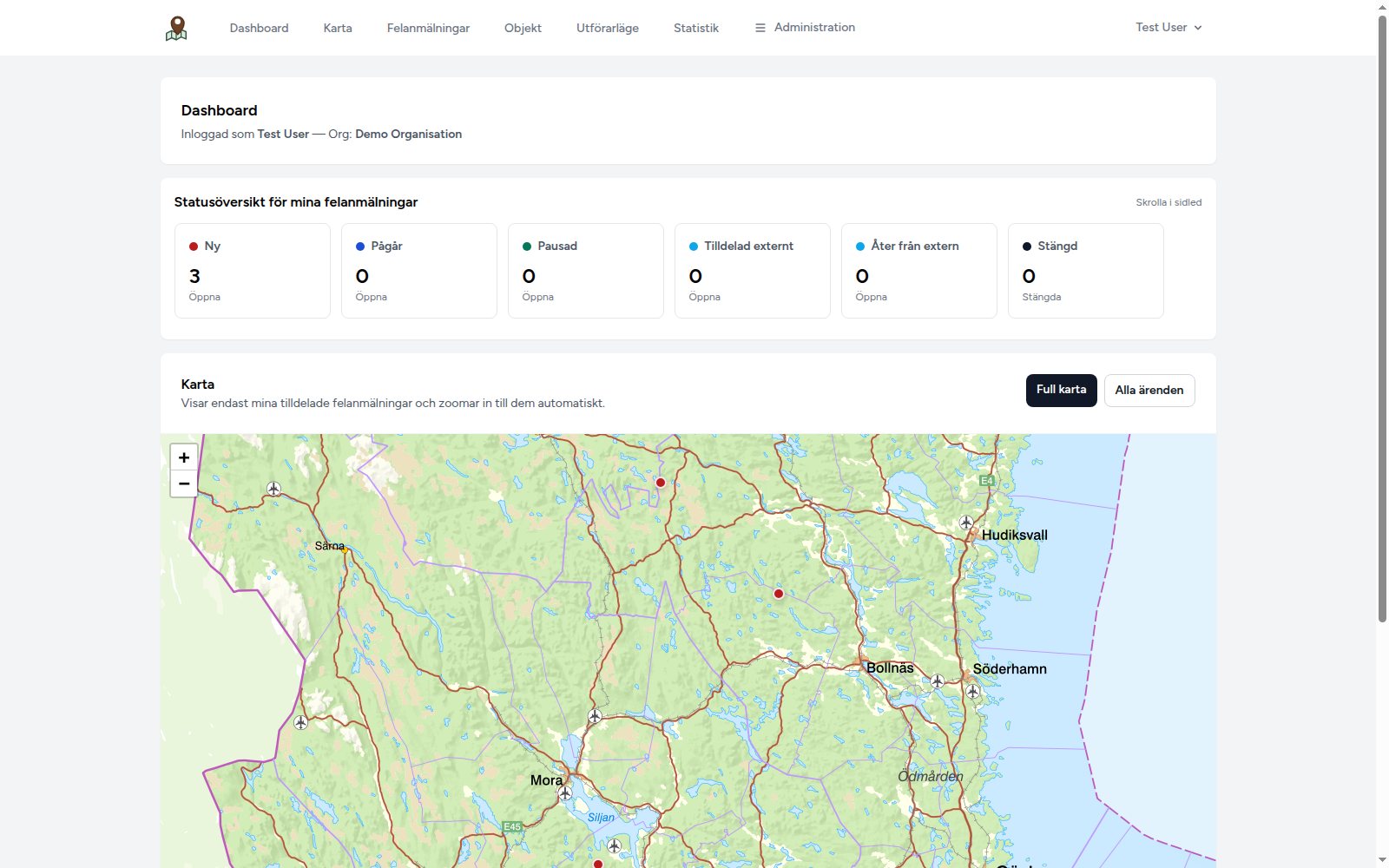 Dashboard i Ledrapport med översikt över öppna ärenden, områden och senaste aktivitet.
