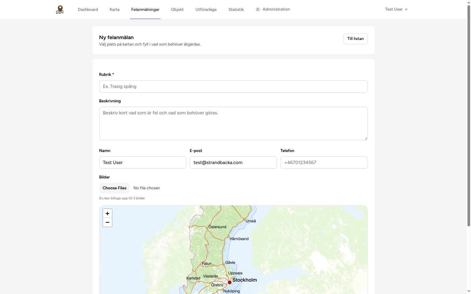 Formulär i Ledrapport för att skapa en ny felanmälan.